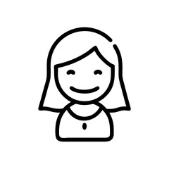 Poster - Simple drawing of a smiling girl with short hair and a button on her shirt in black and white style