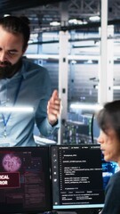 Poster - Vertical video Data center manager coordinating programmers fixing critical error while using AI. Server room team leader overseeing workers repairing glitch popup while using artificial intelligence
