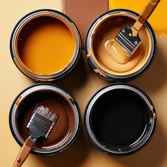Poster - Four paint cans in rich earthy colors sit arranged on a soft brown and beige backdrop showcasing the beauty of minimalism and the warmth of natural hues in a creative environment.