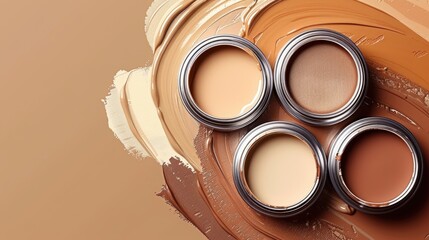 Poster - Four paint cans in mocha mousse colors are artfully displayed on a brown and beige surface. The earthy tones evoke a sense of warmth and minimalist elegance in a creative setting.
