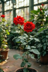 Poster - A striking close-up of a red rose basking in sunlight within a bright room. Two additional stem roses enhance the romantic atmosphere embraced by soft bokeh effects in the background.