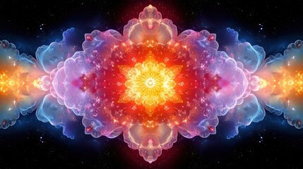 Poster - Symmetrical mandala captivates with intertwining petals in warm orange and cool blue creating a serene visual balance perfect for artistic and spiritual inspiration.