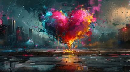 Poster - Dynamic and bold swirling patterns form a captivating heart shape on a neutral background showcasing movement and energy that appeals to lovers of contemporary art.