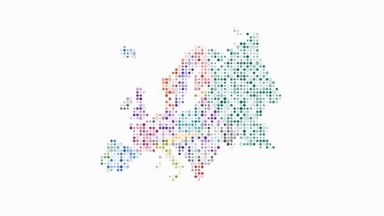 Poster - Europe dotted animation. Shape of the continent build of pulsating colored dots. Small size circle blocks. Digital style map on white background. Classy video.