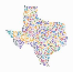 Poster - Texas, shape of the state build of colored cells. Digital style map of the Texas on white background. Small size rounded square blocks. Beautiful vector illustration.