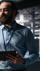 Poster - Vertical video Data center lead programmer showcasing AI technology and rigs, filming presentation tour. Server room IT employee presenting artificial intelligence deep learning tech, camera A