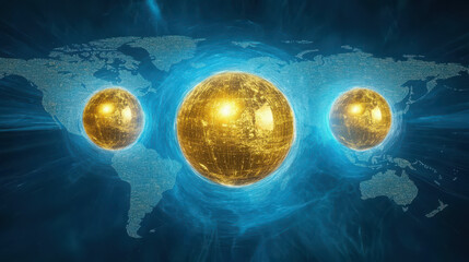 Poster - Three glowing golden spheres over a world map, symbolizing global connection and digital communication for technology.