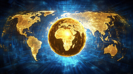 Poster - World map and glowing globe in foreground. Global network connection. Concept of worldwide business, internet, and communication.