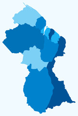Poster - Map of Guyana with regions. Just a simple country border map with region division. Light blue color palette. Flat Co-operative Republic of Guyana shape with administrative division.