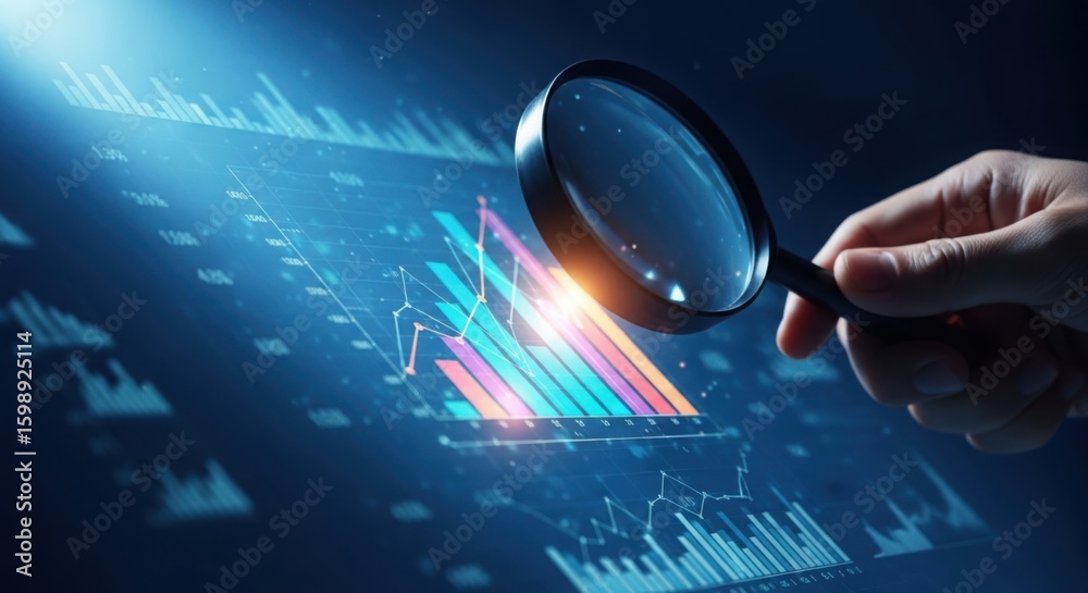 Hand holding magnifying glass over glowing digital financial chart with ...