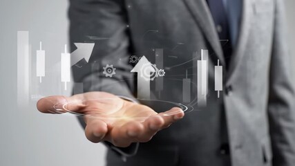 Poster - Businessman hand holding virtual graph and candlestick chart with futuristic technology interface for financial growth, data analysis, investment, innovation, and success in modern office environment