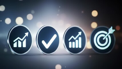 Poster - Growth, success, progress, achievement, and target icons with glowing bokeh background representing business goals, motivation, positive results, and abstract financial performance, strategic