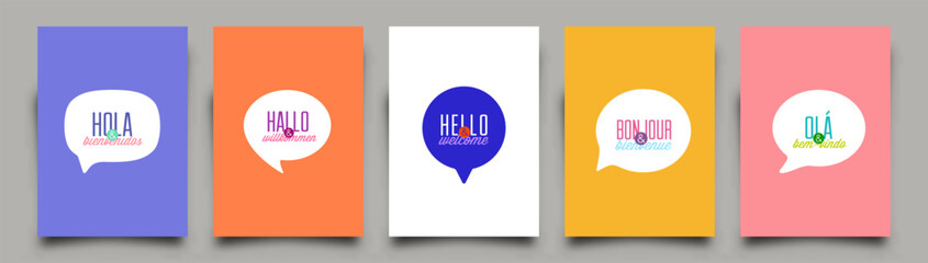 Poster - Mixed Language welcoming Speech Bubble. Hello and Welcome text speech bubble-banner in English, German, Spanish, French and Portuguese. Design element for web, app, banner etc. Vector Illustration.