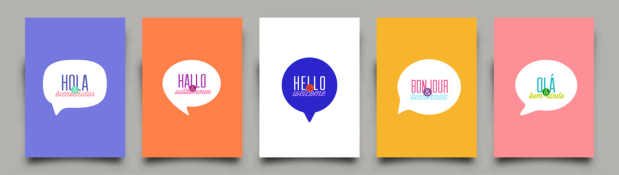 Mixed Language welcoming Speech Bubble. Hello and Welcome text speech bubble-banner in English, German, Spanish, French and Portuguese. Design element for web, app, banner etc. Vector Illustration.