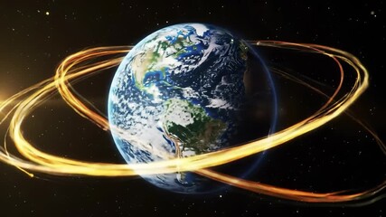 Poster - Earth planet space with glowing rings and light trails orbiting, showing continents, blue oceans, sunlight, and atmosphere, symbolizing global connection, energy, dynamic technology, and cosmic