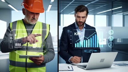Poster - Construction worker safety vest and helmet using digital tablet with holographic interface, business professional analyzing KPI data laptop modern office, teamwork, technology, productivity