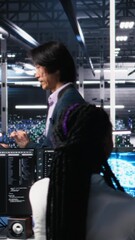 Poster - Vertical video Data center manager supervising developer using device to monitor neural network AI LLMs. Team leader checking progress done by worker overseeing servers powering machine learning