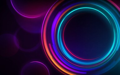 Fototapete - Glowing neon light trails form a vibrant circular frame against a dark backdrop, with colorful bokeh circles adding depth and a touch of magic to the scene