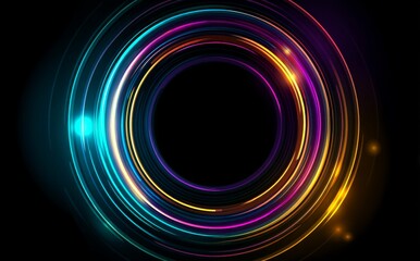 Fototapete - Luminous neon rings pulsing with vivid colors emanating from dark backdrop, creating geometric abstract pattern with energetic visual depth and potential design space