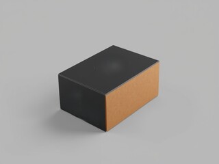 Poster - A simple two toned box with a black top and tan sides on a gray background in a studio setting