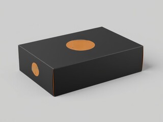 Poster - A black rectangular box with orange circular stickers on a gray background in a studio setting