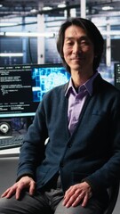 Poster - Vertical video Smiling data center manager filming presentation, showcasing equipment using AI tech. Happy businessman presenting server room built for digital storage systems using artificial