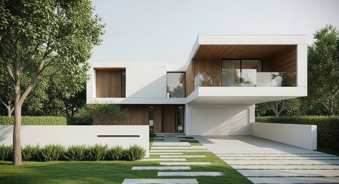 Modern white cube house with clean lines and lush greenery in a sunny suburban setting