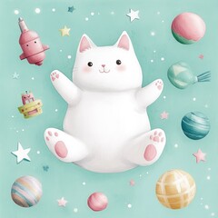 Poster - Whimsical and Vibrant Digital of a Playful Kawaii Robot Cat Surrounded by Floating Toys Stars and Bold Color Blocking in Pink and Teal Tones