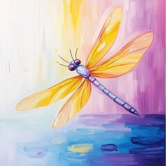 Poster - Vibrant and Whimsical Kawaii Dragonfly with Sparkling Wings Hovering Over a Colorful Surreal Pond Creating Bold Reflections and Captivating Contrasts