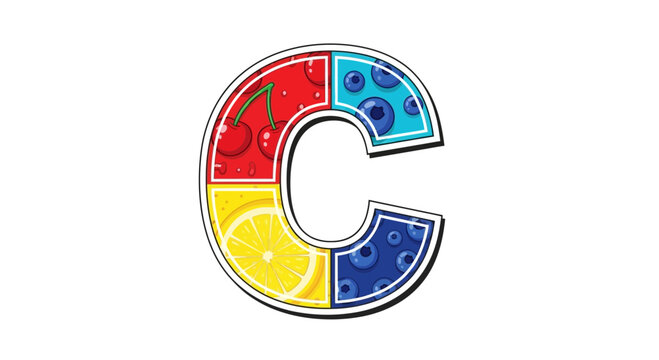 Vector letter c with fruit design, cherries, blueberries, lemon, alphabet illustration, healthy food concept