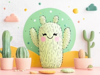 Poster - Whimsical of a Cute and Smiling Cactus Character Surrounded by Playful Desert Elements in Bold Vibrant Colors