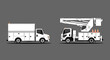 © Kulo - Two white utility trucks are displayed side-by-side, one a service truck with storage compartments and the other a bucket truck with an elevated platform.