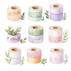 Poster - Whimsical watercolor scene with intricately designed washi tapes flowing together in a soft palette evoking a feeling of playful organization and aesthetic appeal for lifestyle stationery and decor