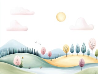 Poster - A delicate and serene minimalist landscape featuring pastel colored line art mountains  wispy clouds  and stylized foliage against a tranquil background