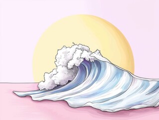Poster - Serene Coastal Waves Crashing at Sunset in Soft Pastel Colors   A Minimalist Line Art Depicting the Beauty and Tranquility of the Ocean
