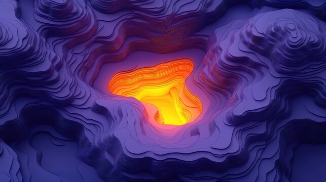Abstract layered topography with vibrant orange center, evocative and captivating visual landscape