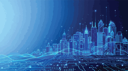 Poster - Digital futuristic city skyline illustration with network connections and technology theme.