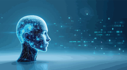 Poster - Futuristic digital human head depicting artificial intelligence with binary code background.