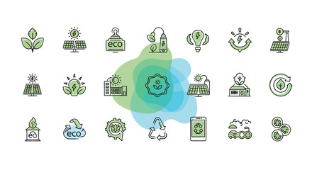 Poster - Vector Icons Set of A collection of green energy and ecology line icons with color accents representing sustainability recycling and renewable resources. EPS Editable