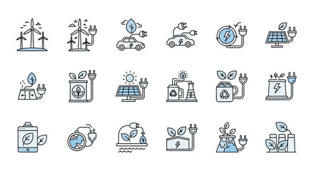 Poster - Vector Icons Set of Colorful line art icon set for renewable energy and sustainability Includes wind solar electric car and recycling symbols. EPS Editable