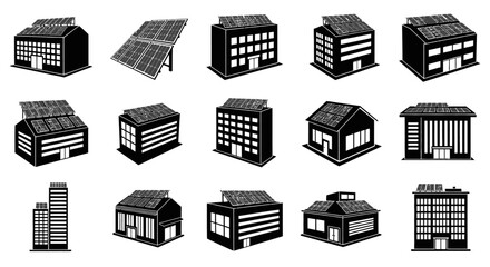 Poster - Vector Icons Set of Set of black building icons with rooftop solar panels illustrating sustainable architecture and renewable energy. EPS Editable