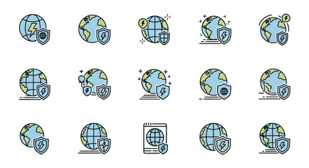 Poster - Vector Icons Set of Set of colorful line icons for global security featuring planet earth globes shields and lightning bolt symbols for power and protection. EPS Editable