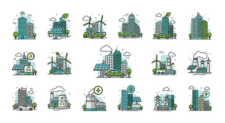 Poster - Vector Icons Set of Set of green energy and smart city line icons Ecofriendly urban infrastructure with solar panels wind turbines and electric cars. EPS Editable