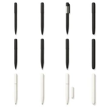 Writing tools silhouette icon set. containing pen, pencil, ballpoint, fountain, ink, marker, and more.
