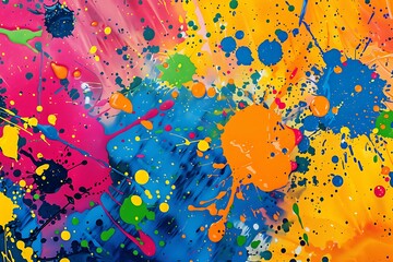 Poster - Vibrant abstract paint splatter background in pink, blue, yellow, and orange for creative designs