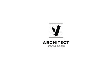 Poster - Letter V Architect logo with isometric bottom left view and technical sketch style