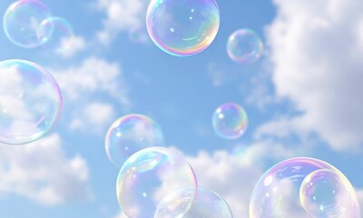 Wall Mural - iridescent soap bubbles floating gently in a clear blue sky. generative ai