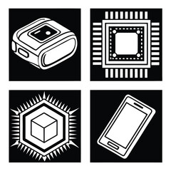 Fototapete - Four white technology icons on black background including smartphone chip and abstract shape