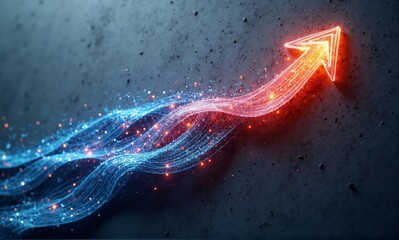Poster - Glowing arrow ascends, its trail a vibrant, dynamic stream of blue and red energy against a dark, textured background.  Symbolizing growth, progress, and innovation.