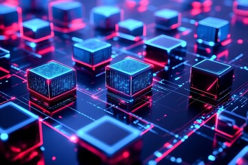 Leinwandbilder - Abstract Digital Cubes Network with Glowing Lines and Nodes Connection